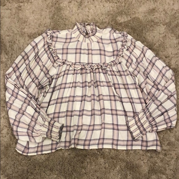 Free People Tops - Free People Plaid Mock Neck Ruffle Blouse